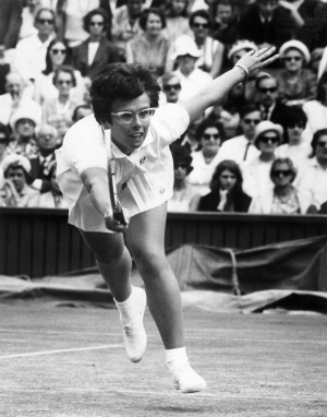 American tennis player Billie-Jean King returns a